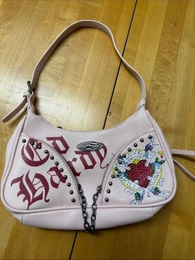 Ed Hardy Pink Studded Shoulder Bag with Heart Patch